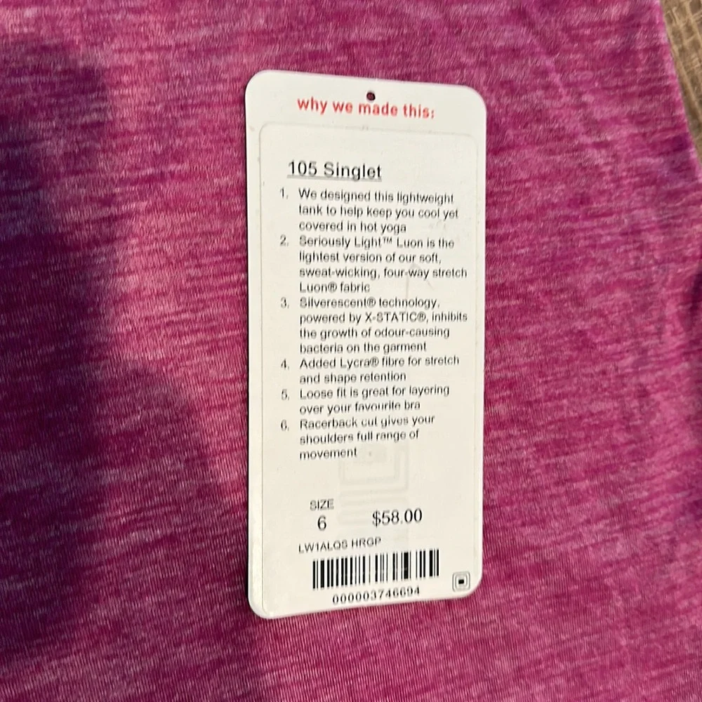 Lululemon size 6 105 singlet fuchsia - Picture 2 of 7